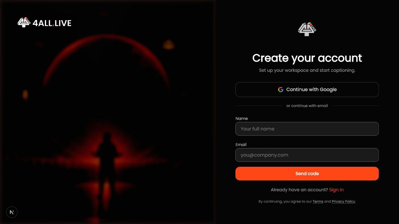 4All account creation screen showing Google sign-up and email verification fields