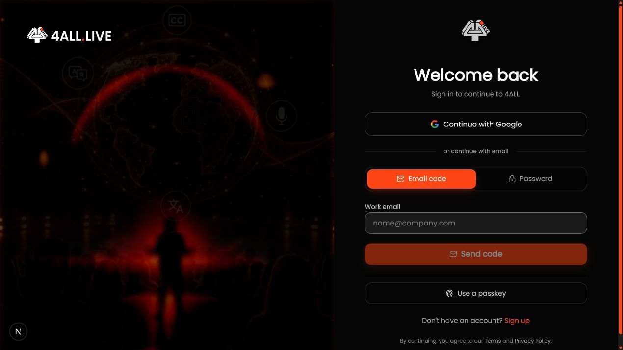 4All sign-in screen showing Google, email code, password, and passkey options