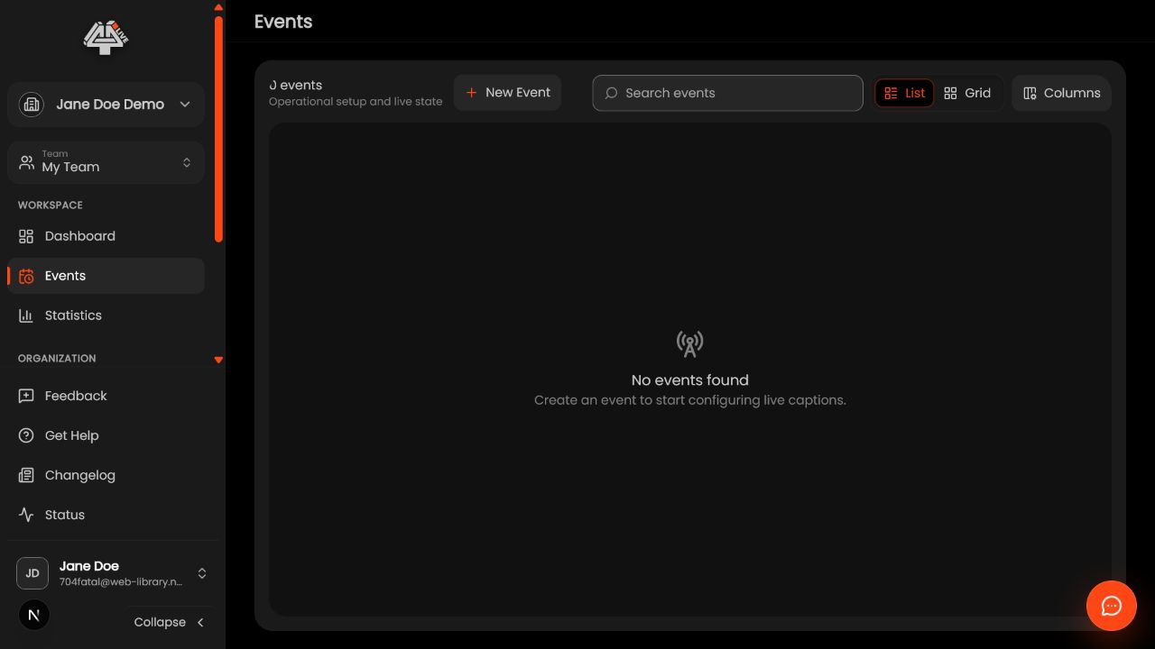 Empty Events workspace in 4All