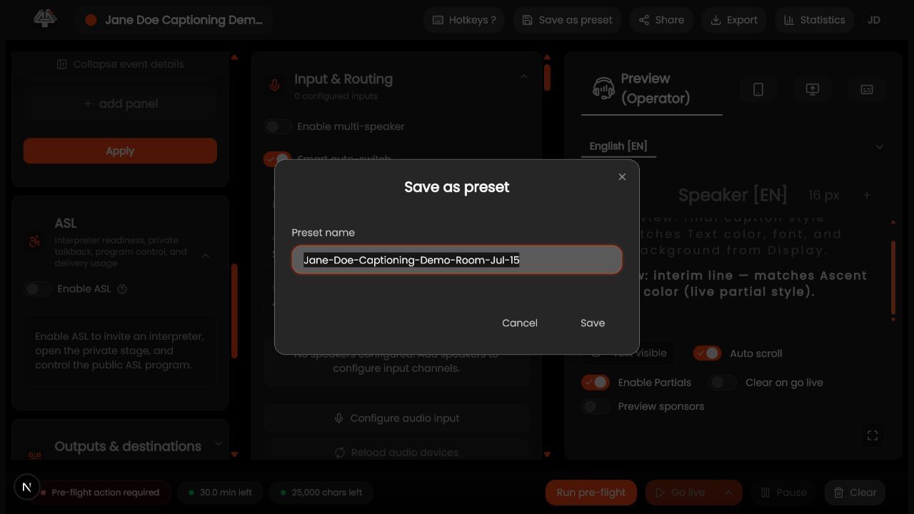 Save as preset dialog in 4All Live Setup