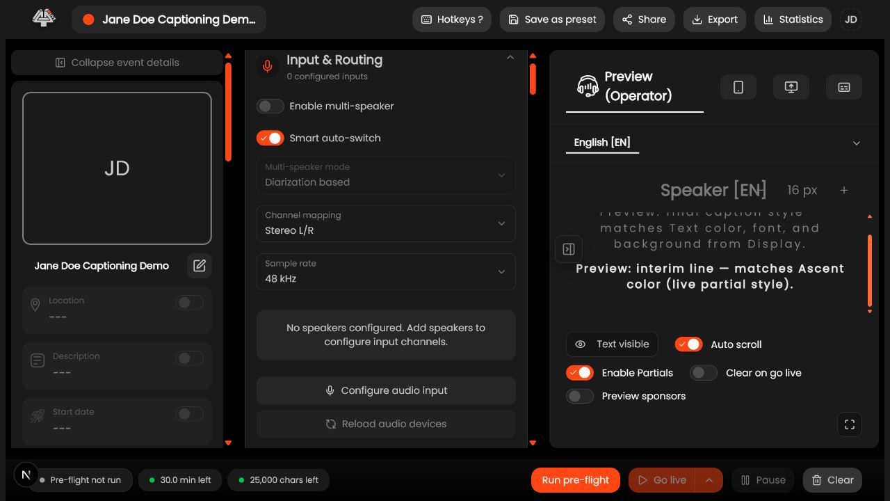 Input and routing controls in 4All Live Setup