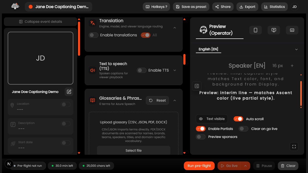 Translation controls in 4All Live Setup