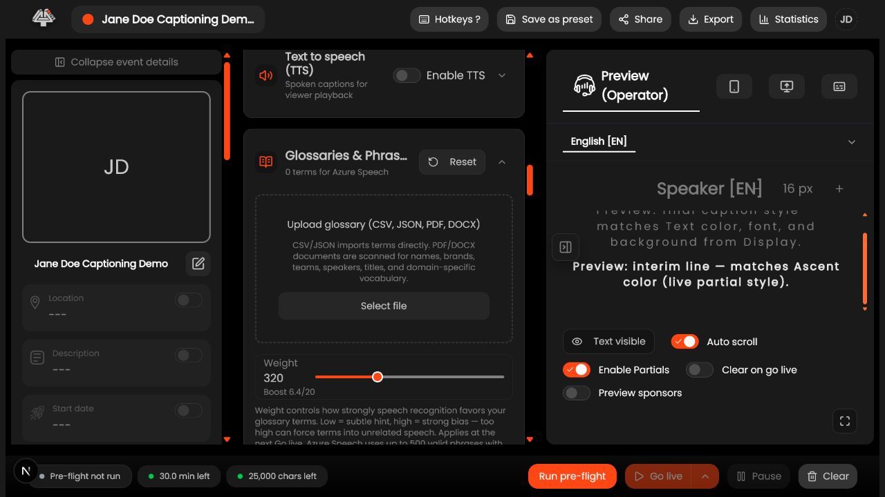 Text-to-speech controls in 4All Live Setup