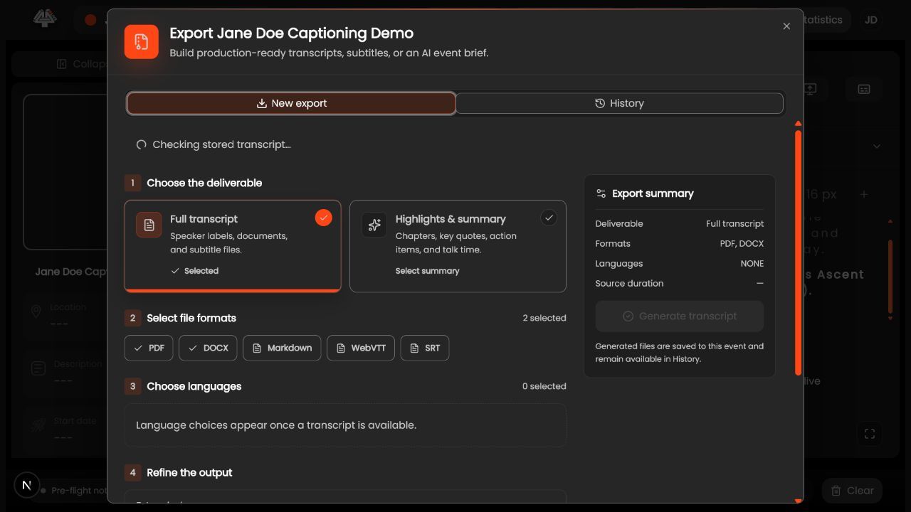 Transcript export dialog in 4All