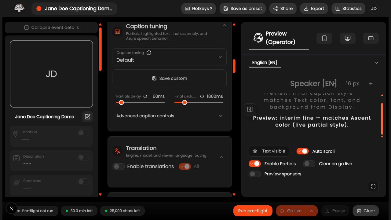 Caption tuning controls in 4All Live Setup